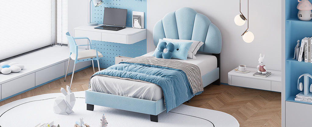 Leoglint Twin Size Upholstered Velvet Platform Bed Frame with Shell-Shaped Headboard, Blue