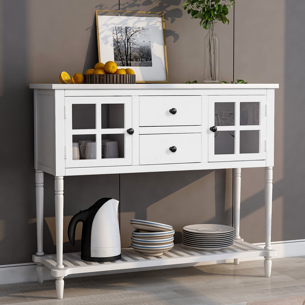 Leoglint TREXM Sideboard Console Table with Bottom Shelf, Farmhouse Wood/Glass Buffet Storage Cabinet Living Room (White)