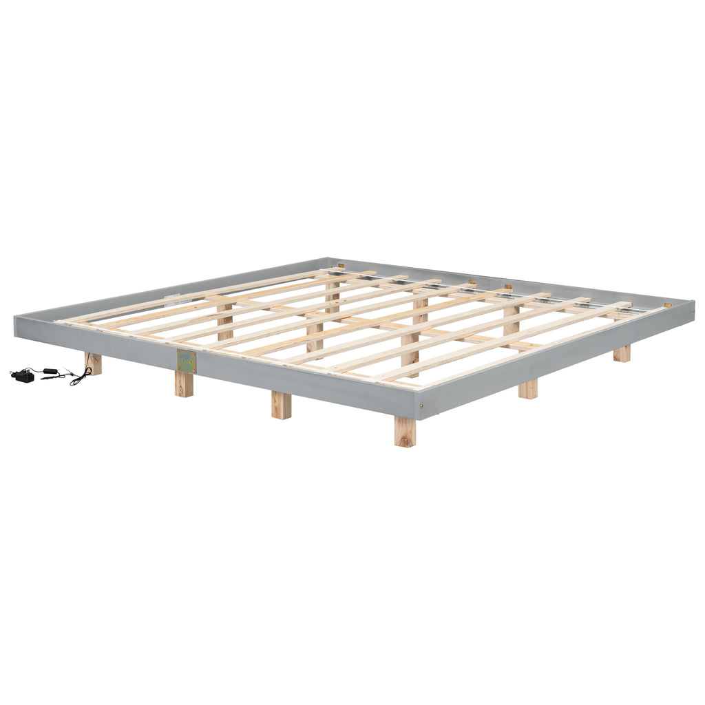 Leoglint King Size Floating Bed Frame with LED Lights Underneath,Modern King Size Low Profile Platform Bed with LED Lights,Grey