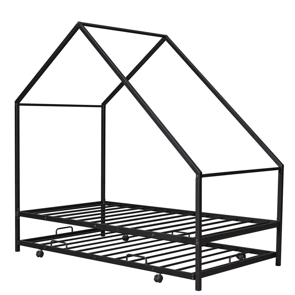 Metal House Bed Frame With Trundle, Twin Size House  Bed Black