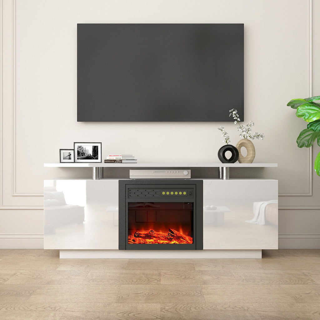 Leoglint 160CM high gloss TV cabinet tv stand unit with fireplace ,have heat and flame color changes