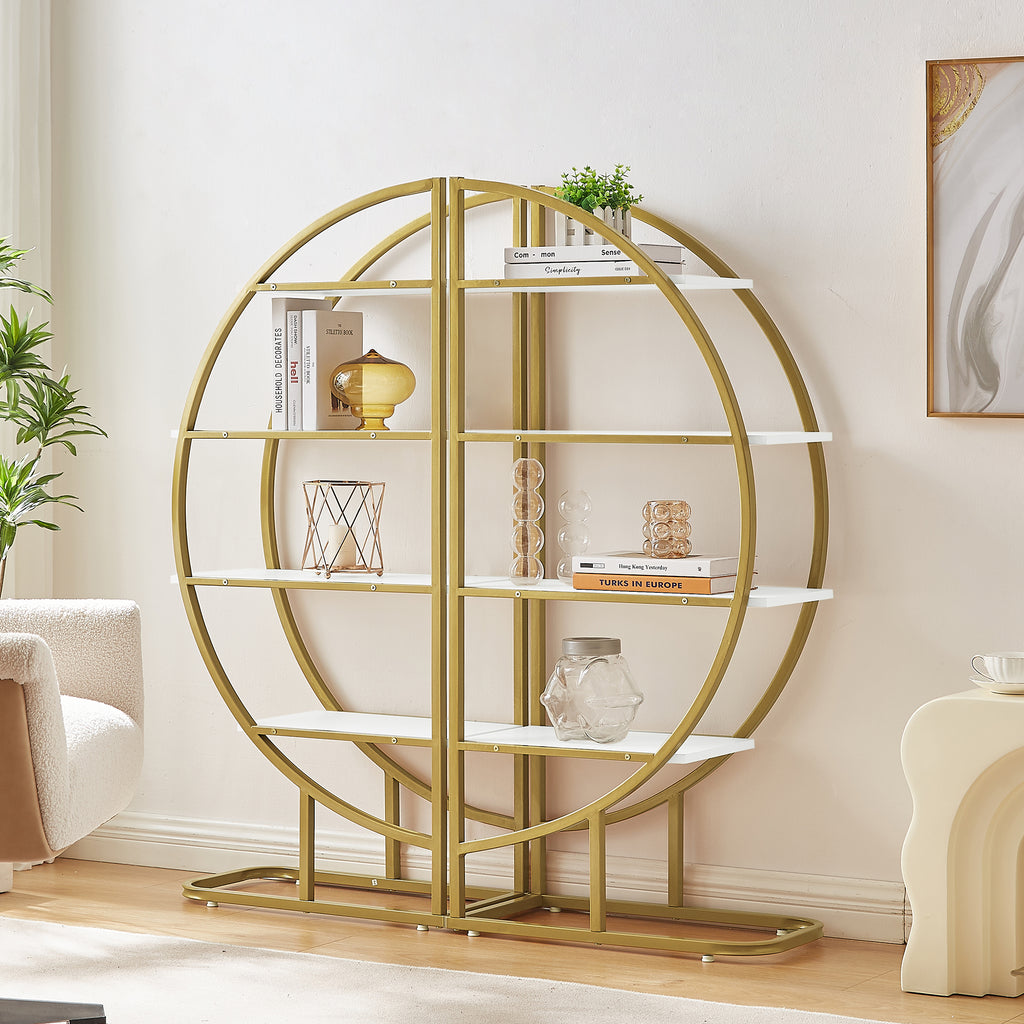 Leoglint 4 Tiers Home Office Open Bookshelf, Round Shape, Different Placement Ways, MDF Board, Gold Metal Frame, White