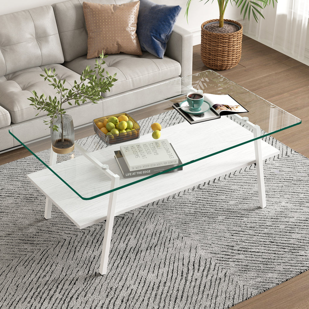 Leoglint Rectangle Coffee Table, Tempered Glass Tabletop with White Metal Legs, Modern Table for Living Room , Transparent Glass