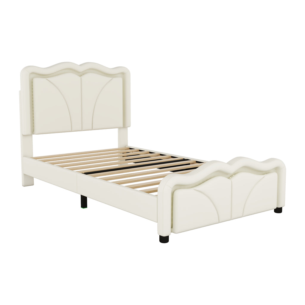 Leoglint Twin Size Upholstered Platform Bed Frame with Curve Shaped and Height-adjustbale Headboard,LED Light Strips,White