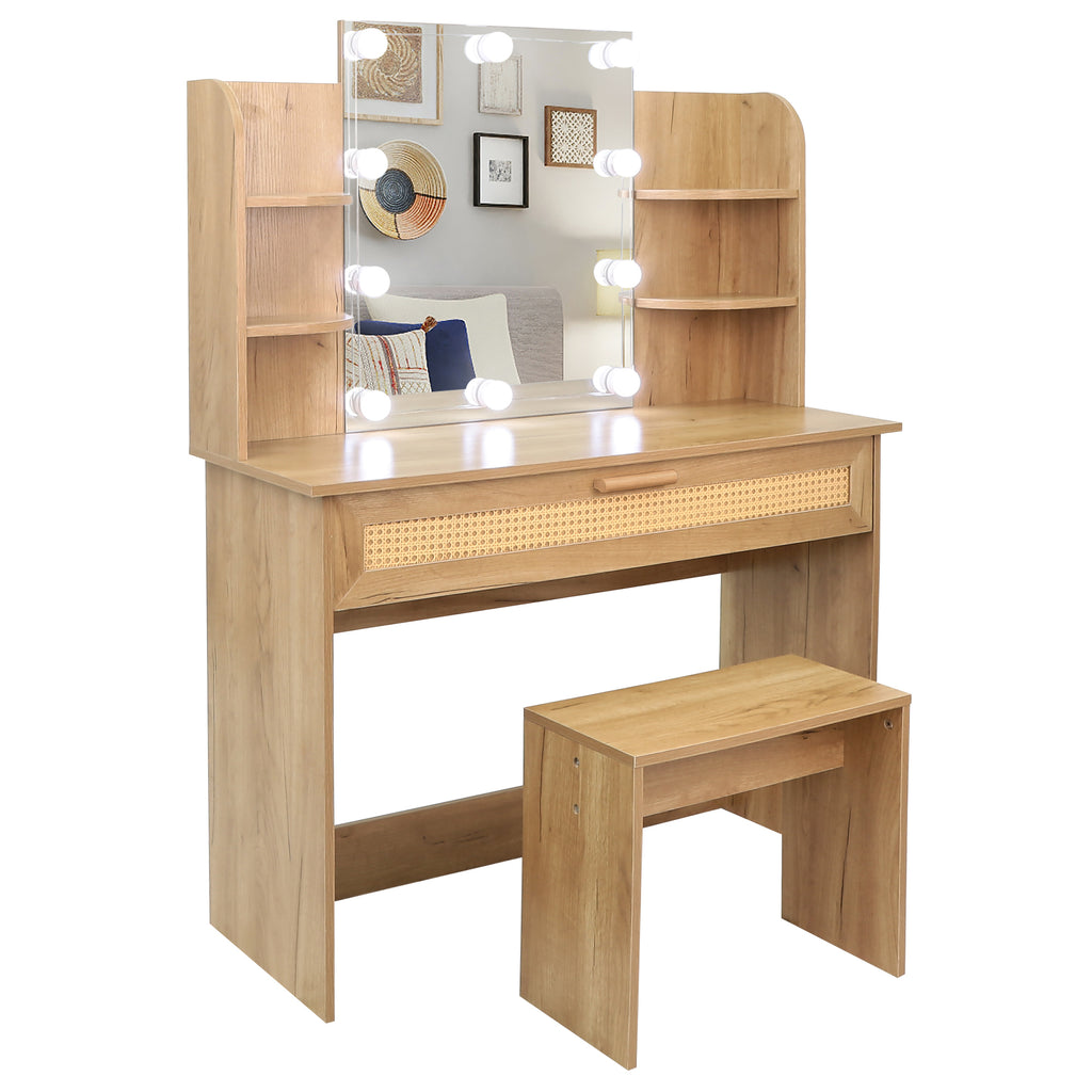 Leoglint Drawer Chest Vanity Desk Set Stool & Dressing Table with LED Lighting Mirror Drawer and Compartments Modern Wood Cosmetic Table Chest of Drawers Nature Color