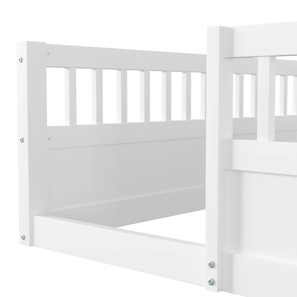 Leoglint Full Floor Bed Frame with Fence, Wood Kids Floor Beds Frame for Bedroom Playroom,White(Expect arrive date Jul. 10th)