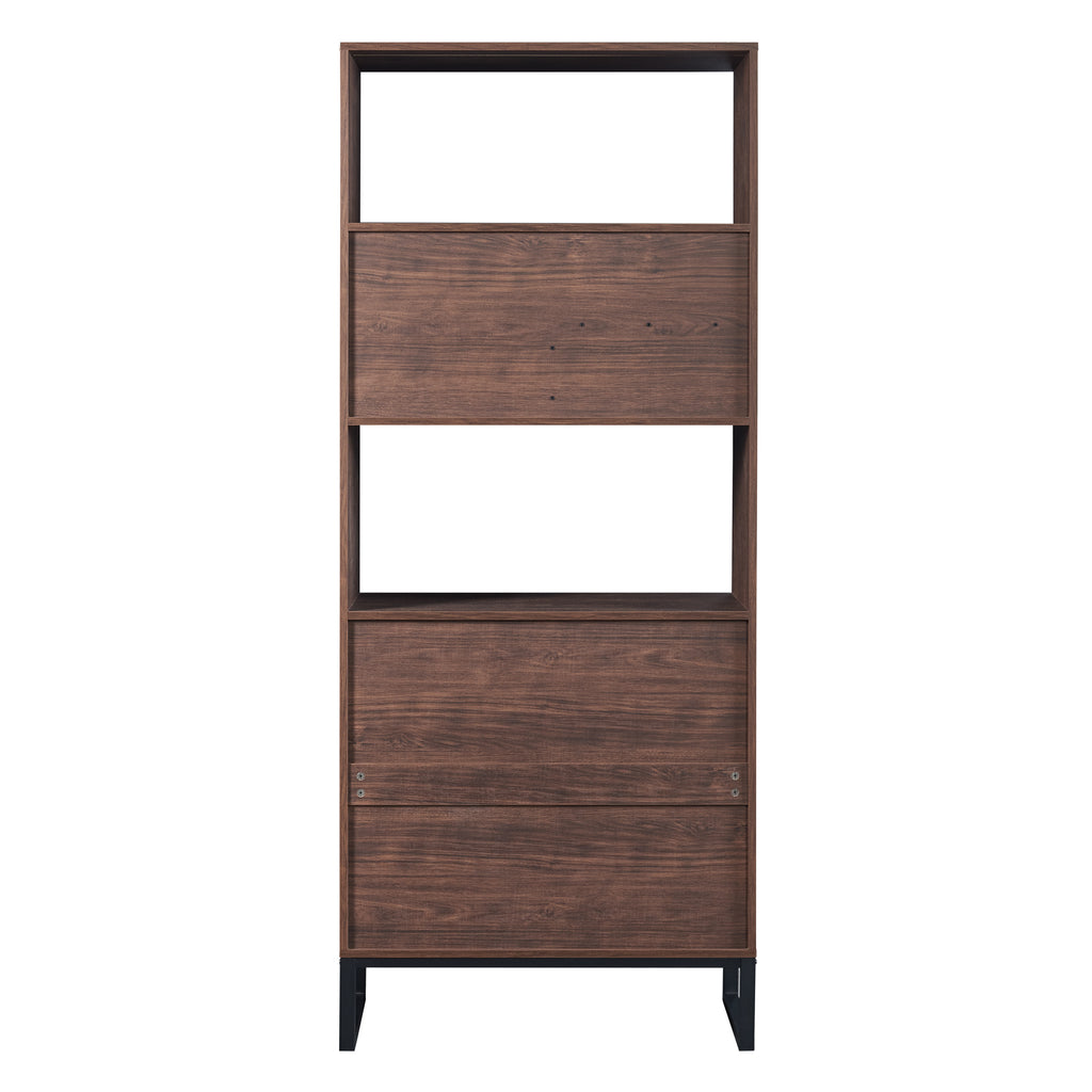 Leoglint 75.9"Modern Open Bookshelf with Doors, Bookcase with Storage drawer and LED Strip Lights,Free Standing Display Rack,Wooden Tall Bookshelf for Living Room and Office, Walnut