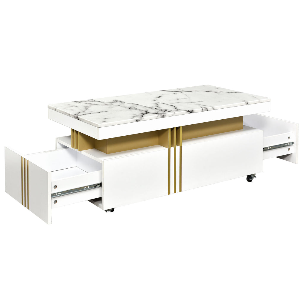 Leoglint [VIDEO provided] ON-TREND Contemporary Coffee Table with Faux Marble Top, Rectangle Cocktail Table with Caster Wheels, Moderate Luxury Center Table with Gold Metal Bars for Living Room, White