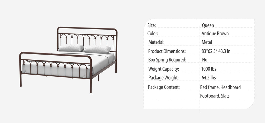 Tara Metal Bed Frame Queen, Antique Brown