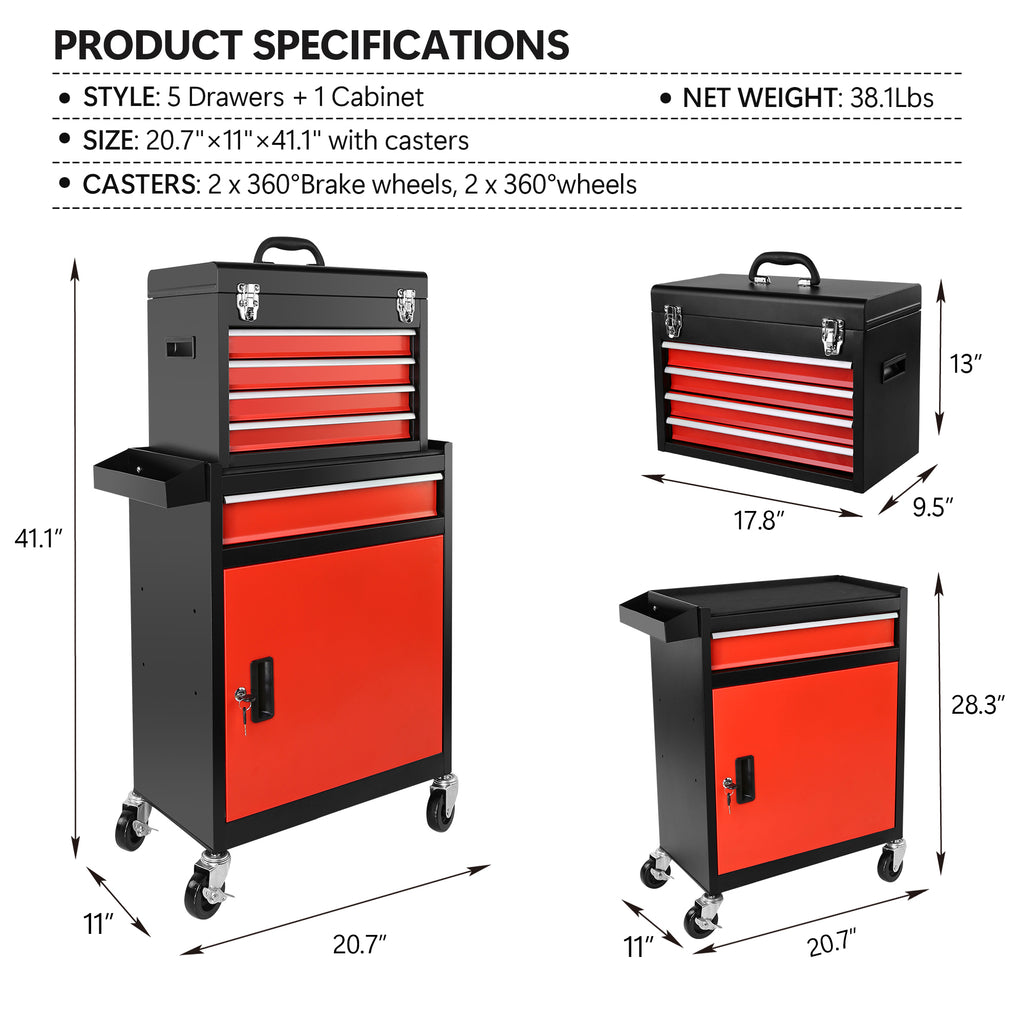 Leoglint Tool Chest, 5-Drawer Rolling Tool Storage Cabinet with Detachable Top Tool Box, Liner, Universal Lockable Wheels, Locking Mechanism, Metal Tool Cart for Garage Workshop