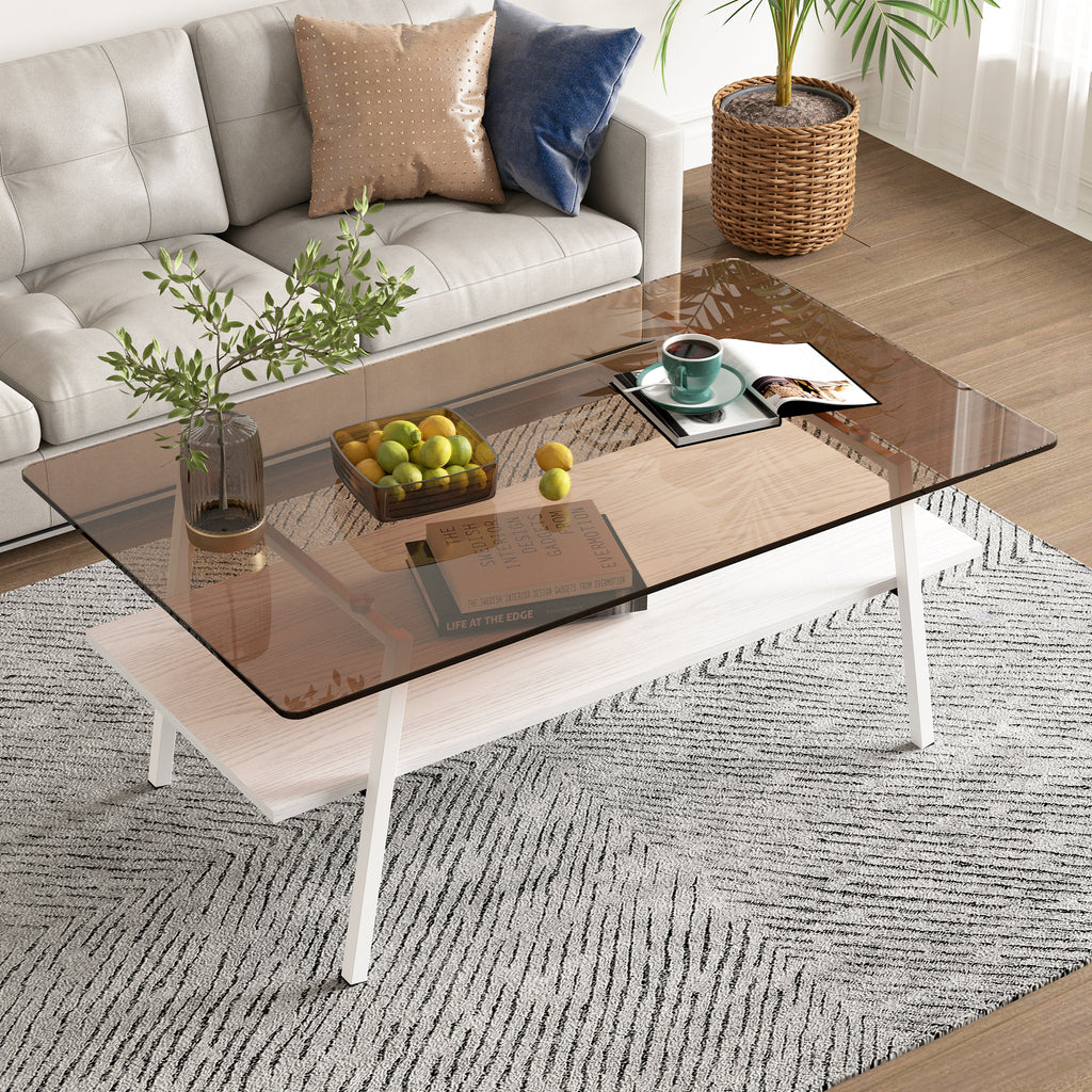 Leoglint Rectangle Coffee Table, Tempered Glass Tabletop with White Metal Legs, Modern Table for Living Room , Brown Glass