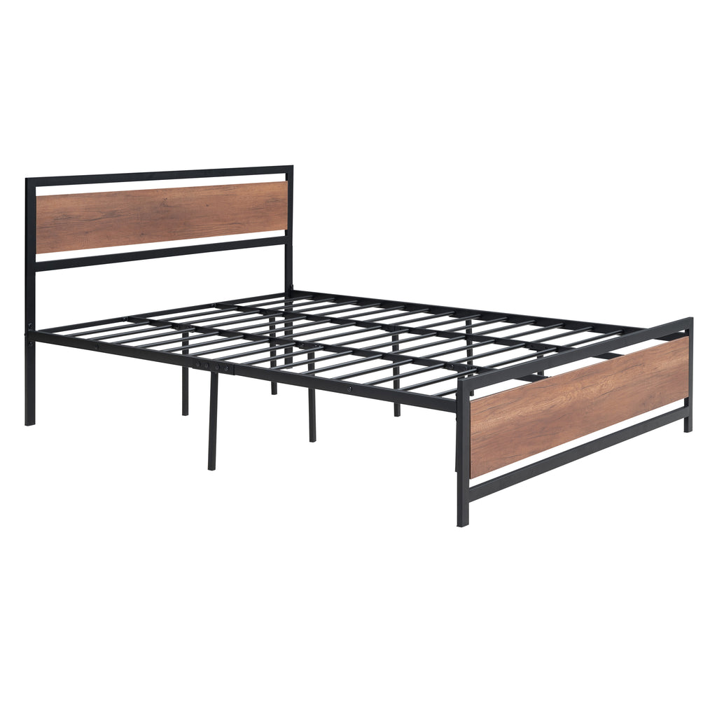 Queen Size Platform Bed, Metal and Wood Bed Frame with Headboard and Footboard , Black