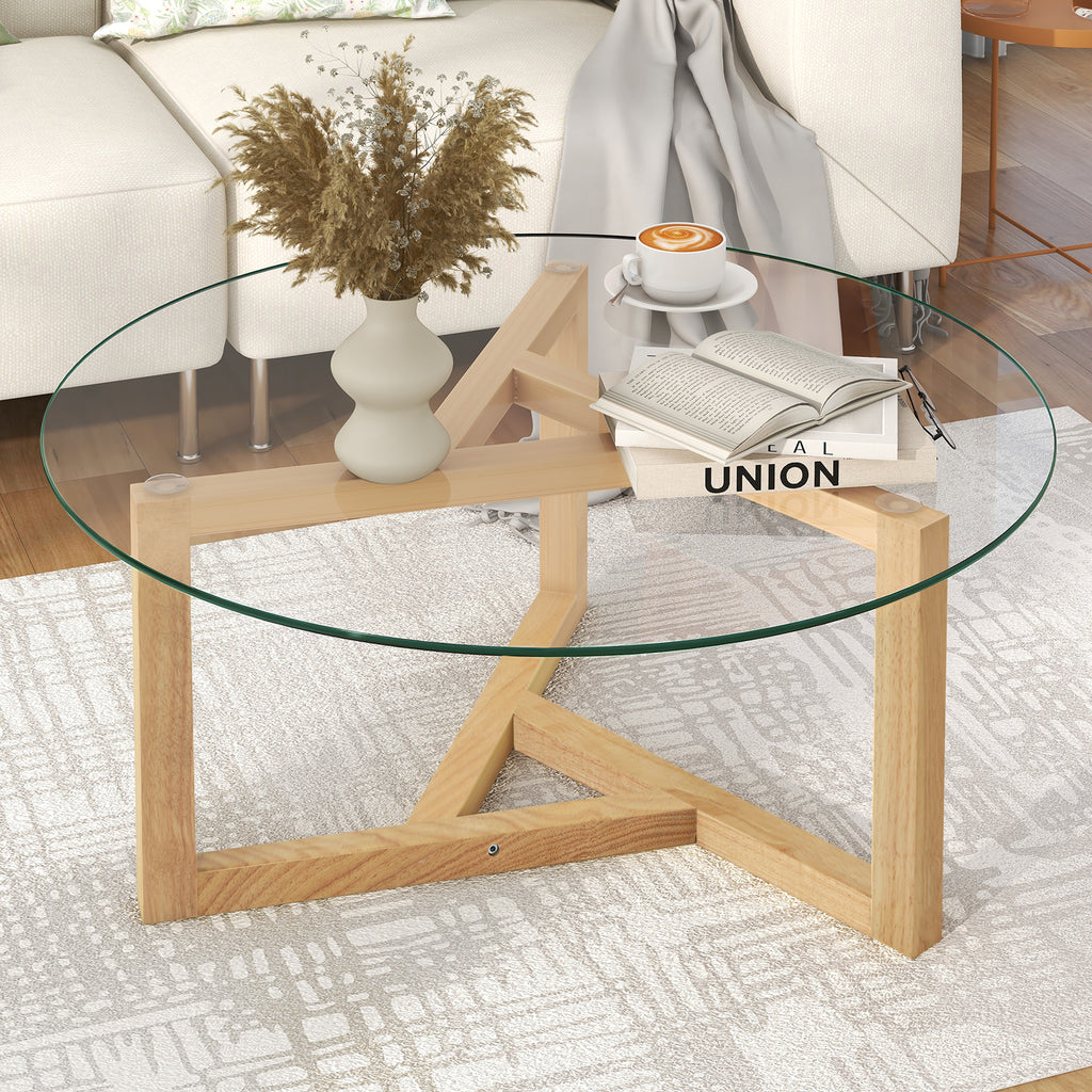 Leoglint [New Picture] ON-TREND Round Glass Coffee Table Modern Cocktail Table Easy Assembly with Tempered Glass Top & Sturdy Wood Base, Natural (OLD SKU: WF190112AAL)