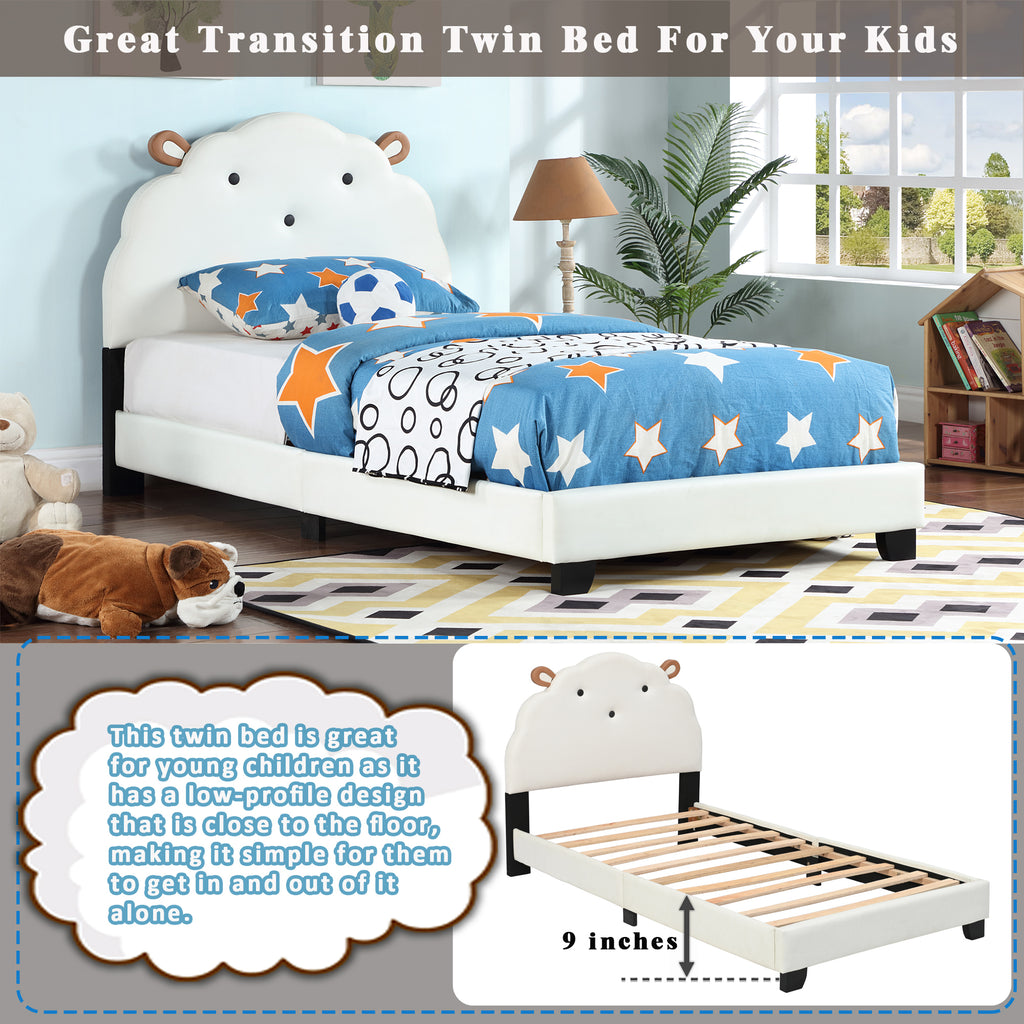 Leoglint Upholstered Twin Size Platform Bed for Kids, Wooden Bed Frame with Slatted Bed Base, No Box Spring Needed, Cute Bed Frame with Sheep Design Headboard for Girls Boys Teens, White