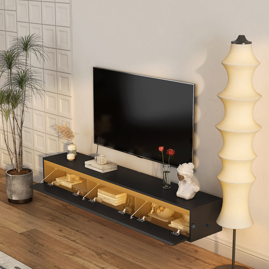 Leoglint Floating TV Stand, Wall Mounted TV Shelf with Led Lights & Power Outlet,High Gloss TV Cabinet for Black tv Stands for Living Room