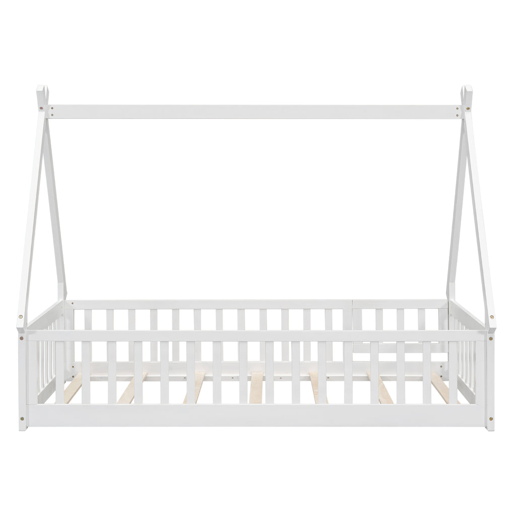 Leoglint Twin Tent-shaped Floor Bed Frame, with Guardrails, Slats, Door ,White