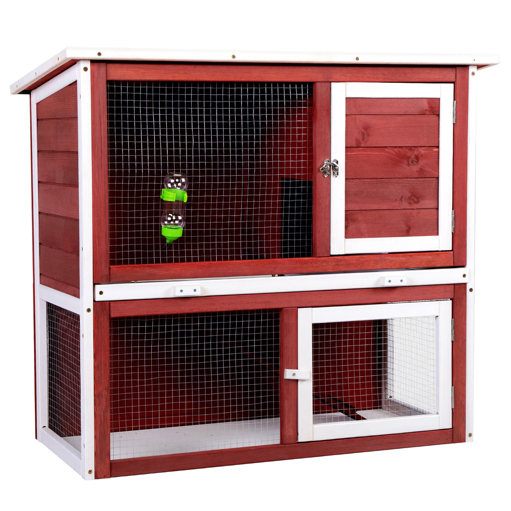 Leoglint Wood Rabbit Hutch, Pet Playpen with 2 Stories, Ramp, Doors, Pull-out Tray, Water Bottle, Outdoor Enclosure for Small Animals Bunnies, Red and White