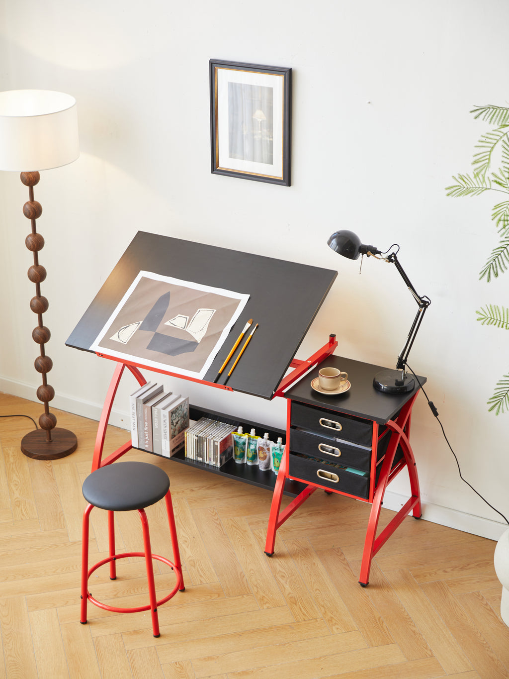 Leoglint Office desk drafting table red with stool