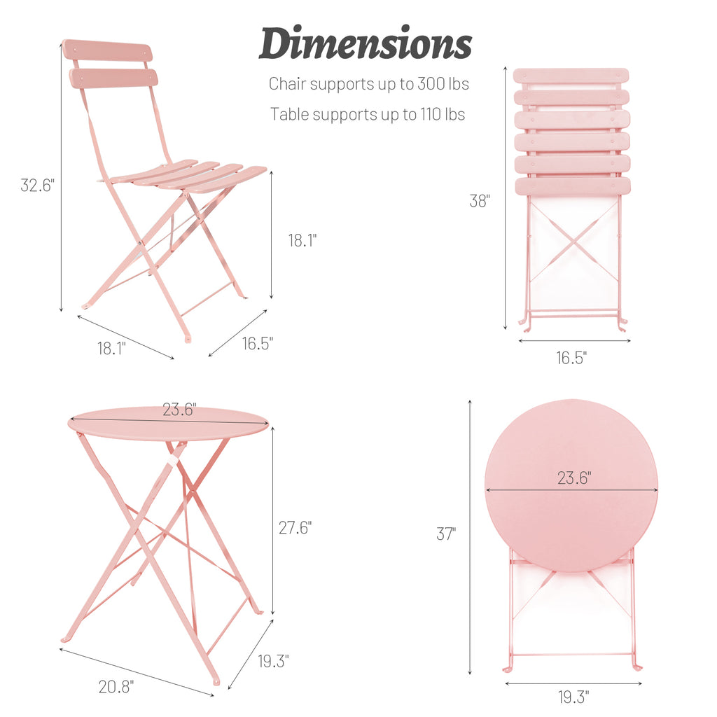 Leoglint 3 Pieces Patio Bistro Balcony Metail Outdoor Chair Table Set-Pink