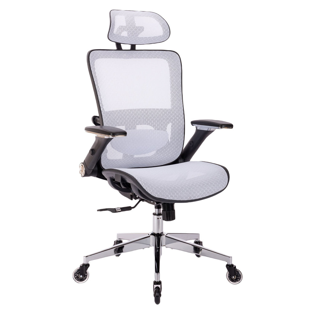 Leoglint WHITE Ergonomic Mesh Office Chair, High Back - Adjustable Headrest with Flip-Up Arms, Tilt and lock Function, Lumbar Support and blade Wheels, KD chrome metal legs