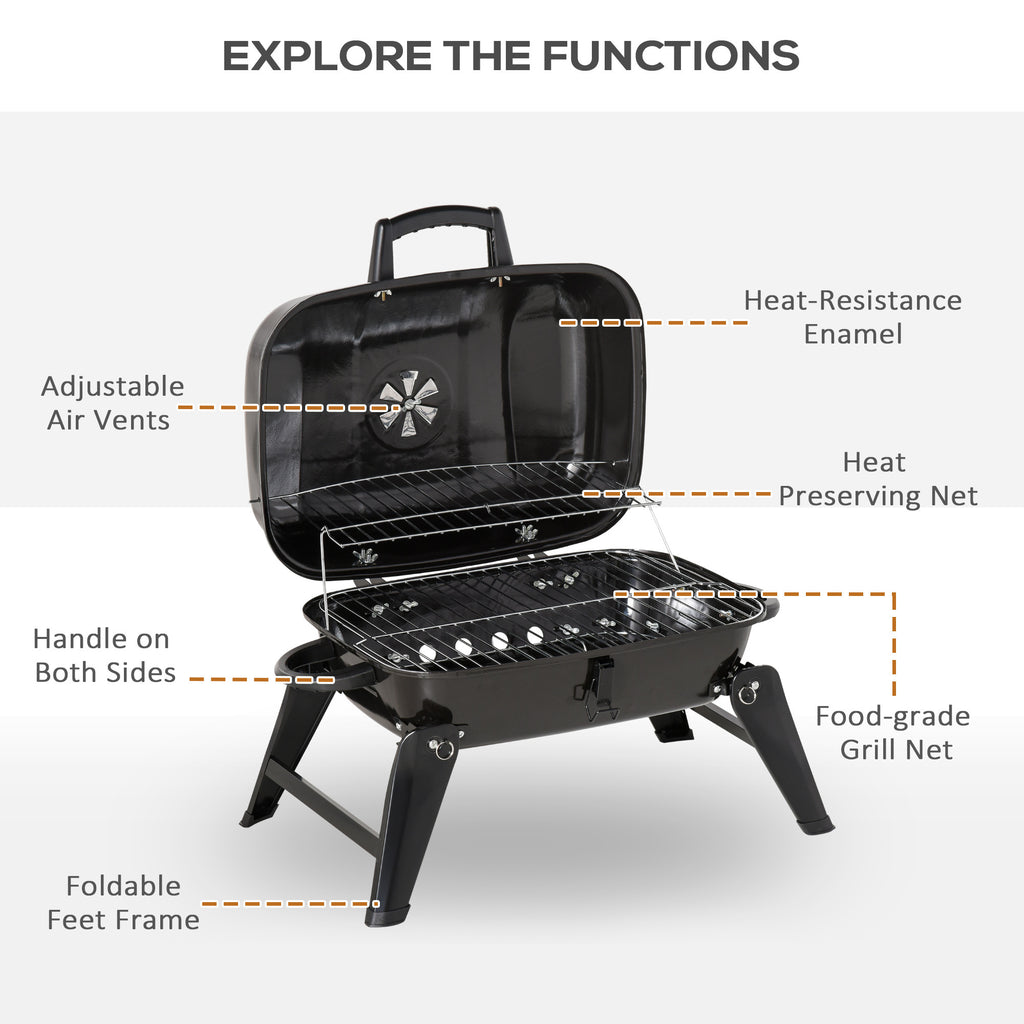 Leoglint 14" Portable Charcoal Grill, Tabletop Small BBQ Grill for Outdoor Cooking, Camping, Tailgating, Enamel Coated, Vent, Folding Legs, Black