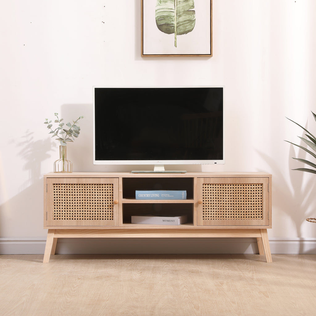 Leoglint Boho TV Stand for 55 Inch TV, Entertainment Center with Adjustable Shelf,Real Rattan TV Console with 2 Cabinets, Media Console, Solid Wood Feet, 2 Cord Holes, for Living Room - Natural