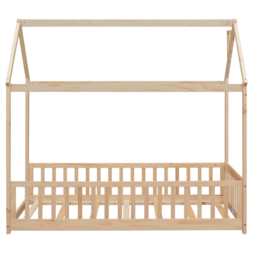 Twin House Bed Frame with Guardrails, Slats ,Natural