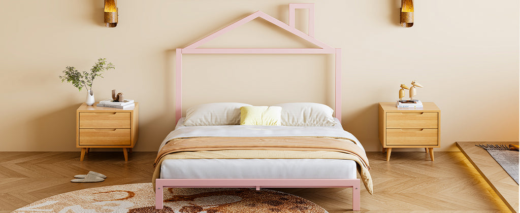 Leoglint Bed Frame Full Size Metal Platform Bed with House-Shaped Headboard Design, Pink