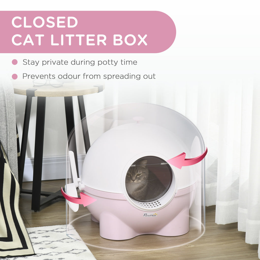 Leoglint Hooded Cat Litter Box, Large Kitty Litter Pan with Lid, Scoop, Leaking Sand Pedal, Top Handle, Light Pink