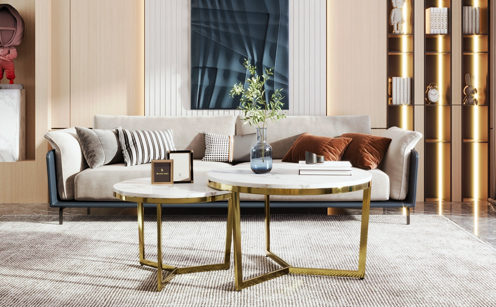 Leoglint Modern Round Nesting Coffee Table Set 2-Piece White & Marbling Top Gold Base