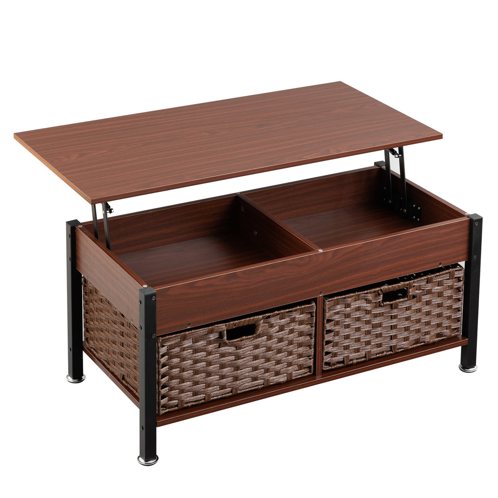 Leoglint Metal coffee table,desk,with a lifting table,and hidden storage space.There were two removable wicker baskets that could be placed in any space such as the living room,color:brownwith solid wood grain