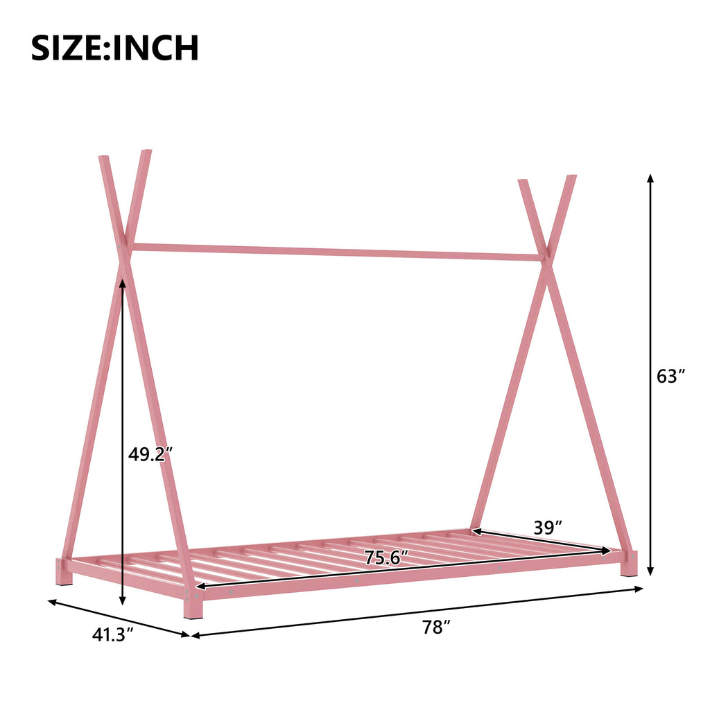 Metal Twin Size House Platform Bed Frame with Triangle Structure, Pink