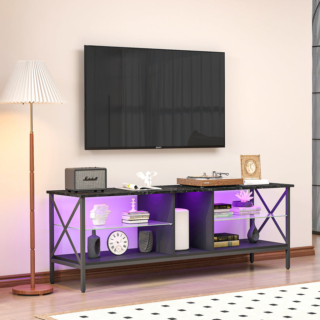 Leoglint TV stand,Iron TV cabinet,entertainment center, TV set, media console, with LED lights, remote control,toughened glass stand,can be placed in the living room, bedroom, color:black with marble texture