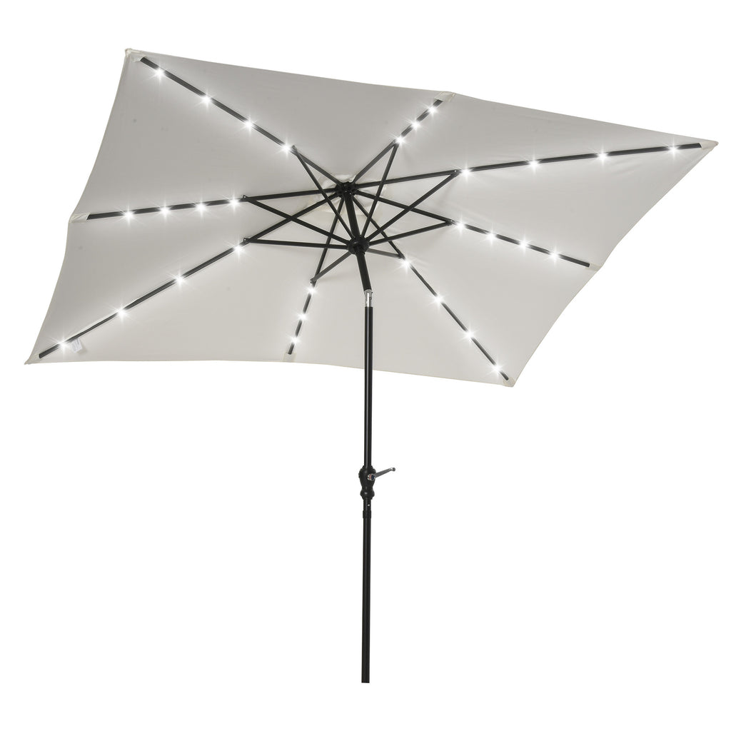 Leoglint 9' x 7' Solar Umbrella, LED Lighted Patio Umbrella for Table or Base with Tilt & Crank, Outdoor Umbrella for Garden, Deck, Backyard, Pool, Beach, White