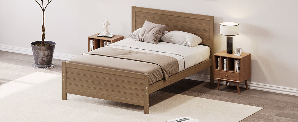 Leoglint Wood Platform Bed Frame with Headboard, Mattress Foundation with Wood Slat Support, No Box Spring Needed, Full Size, Walnut