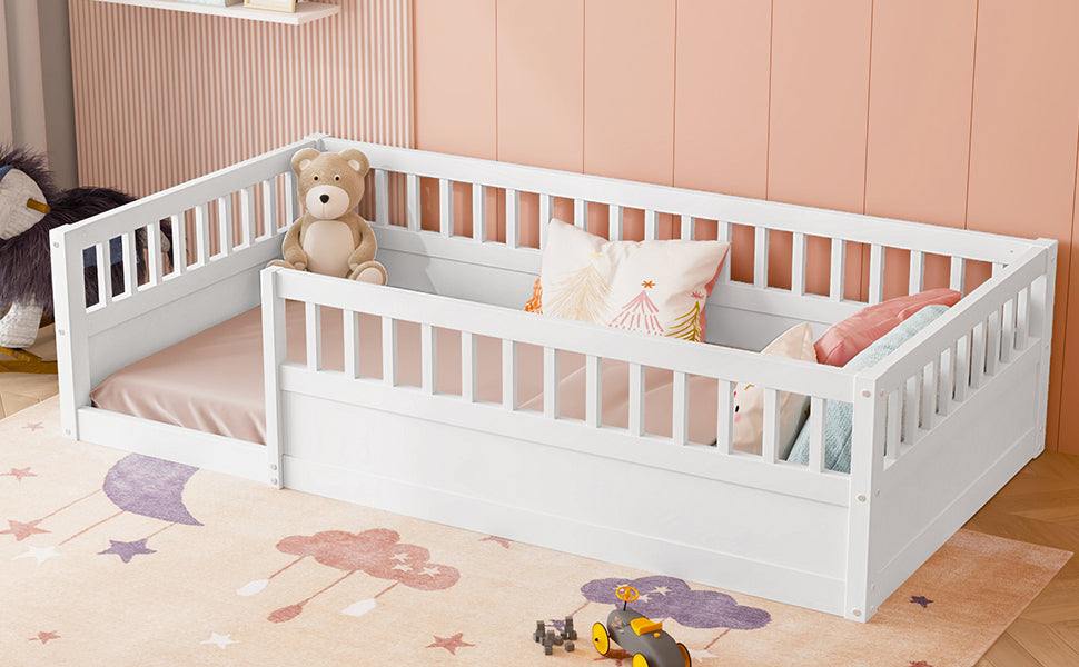 Twin Floor Bed Frame with Fence, Wood Kids Floor Beds Frame for Bedroom Playroom,White(Expect arrive date Jun. 21st)