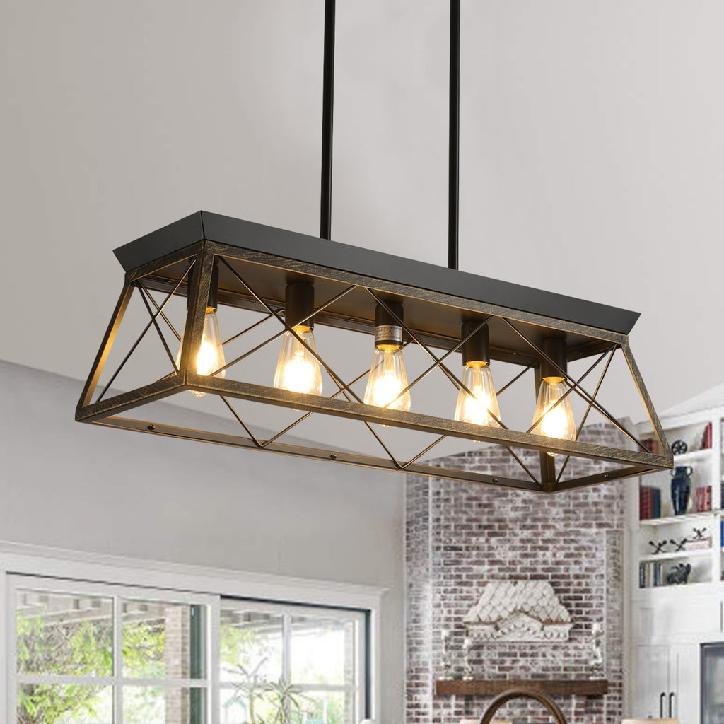 Leoglint Pendant 5-Light Farmhouse Chandeliers for Dining Room, Metal Rustic Pendant Island Light Fixture, Modern Rectangular Island Lights for Kitchen, Living Room Black gold(No Bulbs)