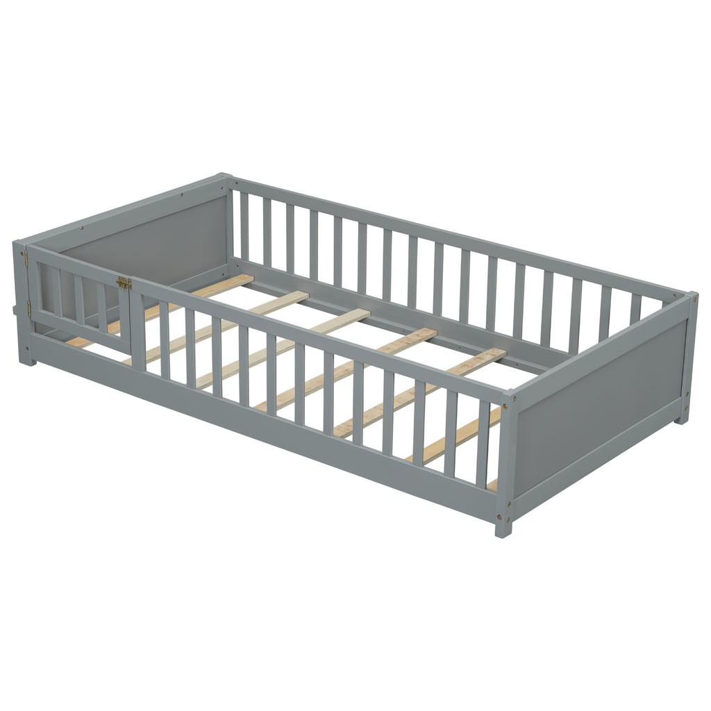 Leoglint Twin size Floor Platform Bed Frame with Built-in Book Storage Rack, Door,Grey