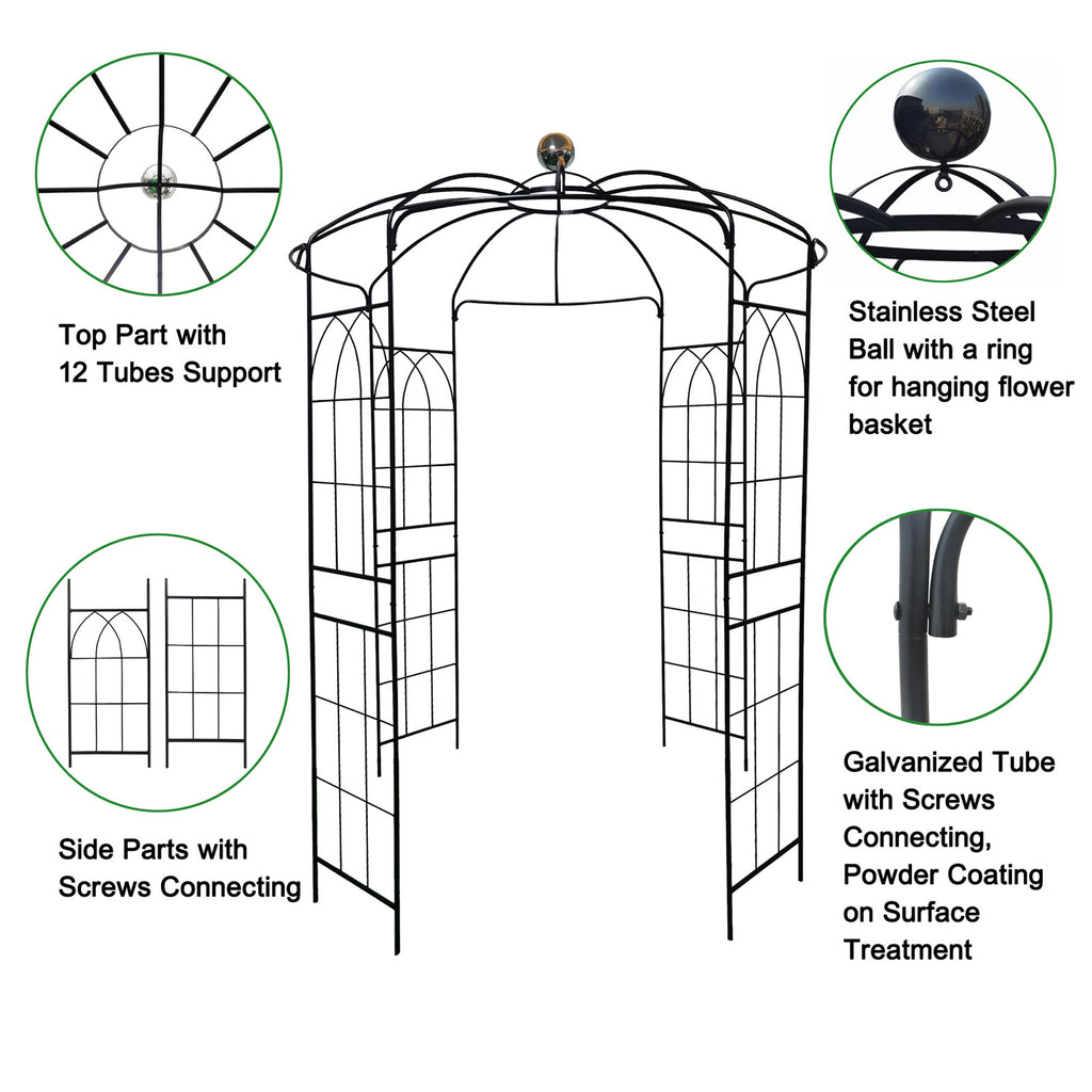 Leoglint Metal Garden Trellis Iron Garden Arbors Gazebo Dia81.3'' x 114.2'' High Birdcage Shape Pergola Pavilion for Wedding CeremonyOutdoor Black