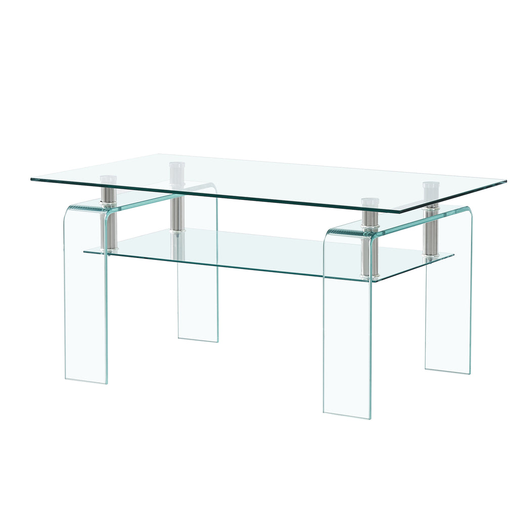 Leoglint Rectangle Clear Glass Coffee Table, Modern Glass Coffee Table for Living Room, 2-Tier Storage Center Coffee Table,Tempered Glass Tea Table