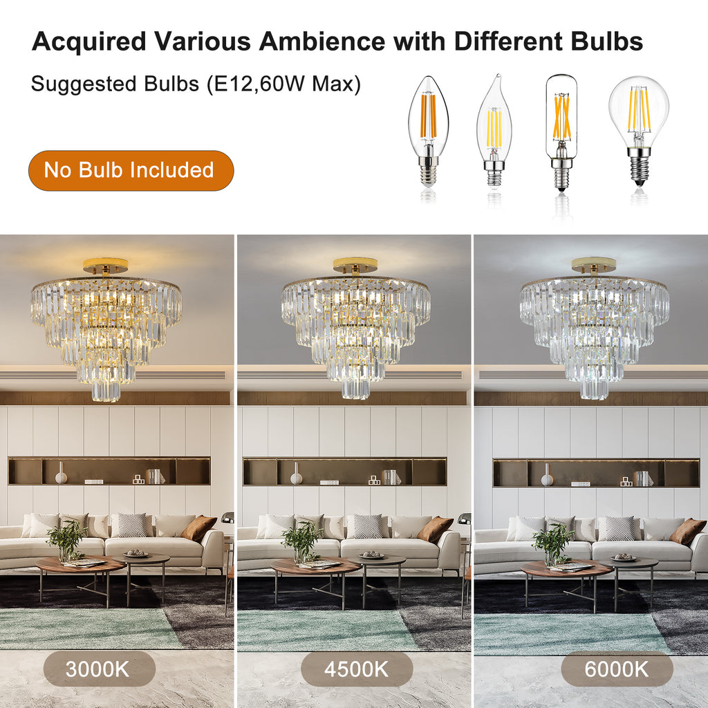 Leoglint Pendant Gold Crystal Chandeliers,5-Tier Round Semi Flush Mount Chandelier Light Fixture,Large Contemporary Luxury Ceiling Lighting for Living Room Dining Room Bedroom Hallway