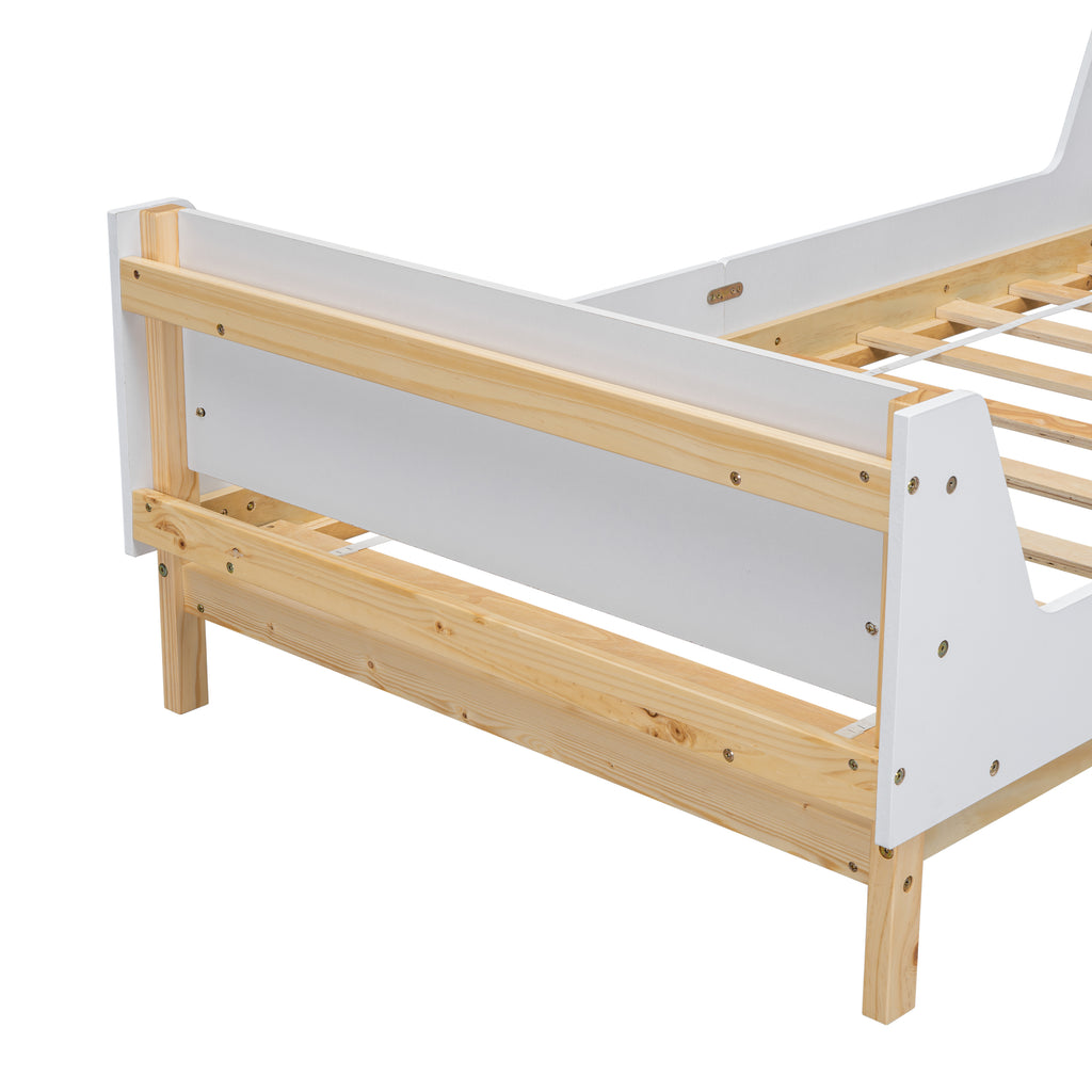 Twin Bed Frame with Headboard, Footboard, Safeguards,  Built-in Bed-end Book Storage Rack ,White