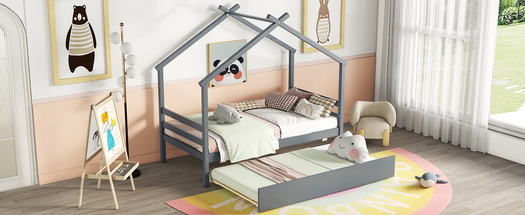 Leoglint Twin Size  House-shaped Bed Frame with Trundle,Grey