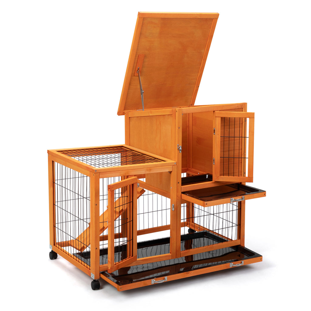 Leoglint Detachable Rabbit Hutch with Removable Tray and Rolling Casters, Orange