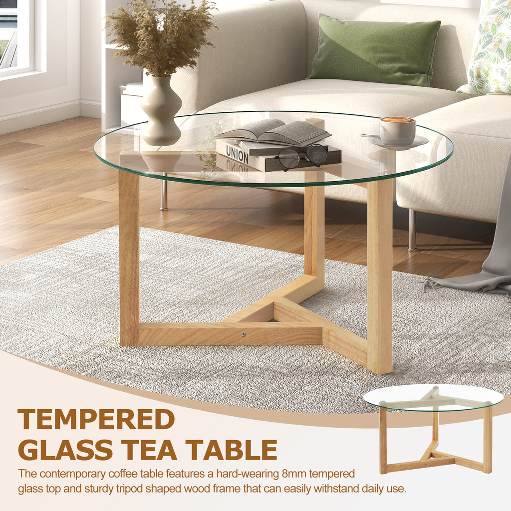 Leoglint [New Picture] ON-TREND Round Glass Coffee Table Modern Cocktail Table Easy Assembly with Tempered Glass Top & Sturdy Wood Base, Natural (OLD SKU: WF190112AAL)