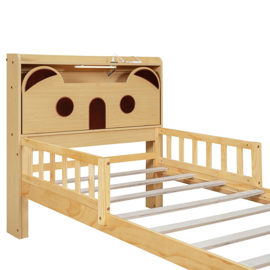 Leoglint Twin Size Car Bed Frame with Bear-Shaped Headboard, USB and LED, Natural