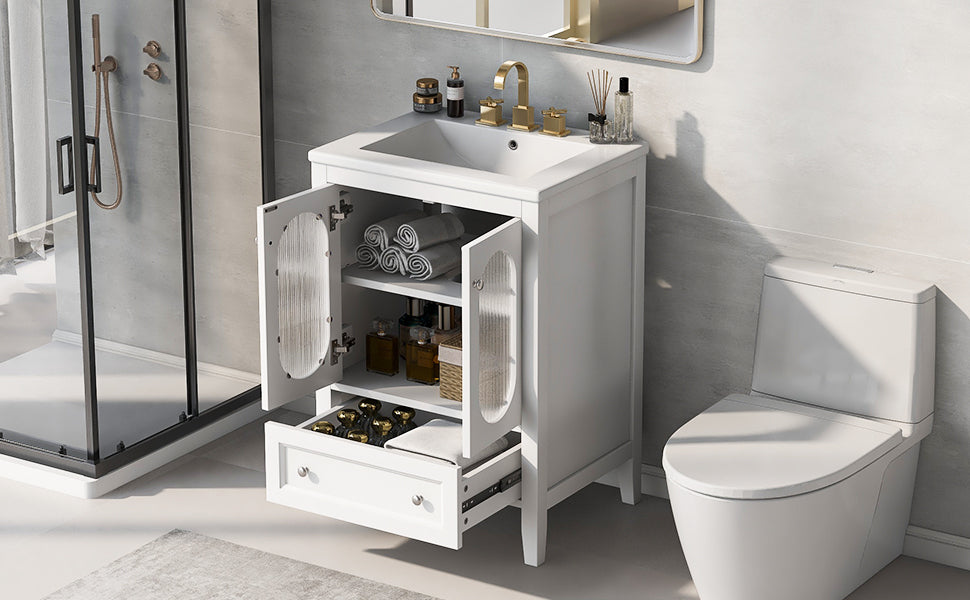 Leoglint 24" Bathroom Vanity with Sink, Bathroom Vanity Cabinet with One Drawer and Doors, Adjustable Shelf, Solid Wood and MDF, White