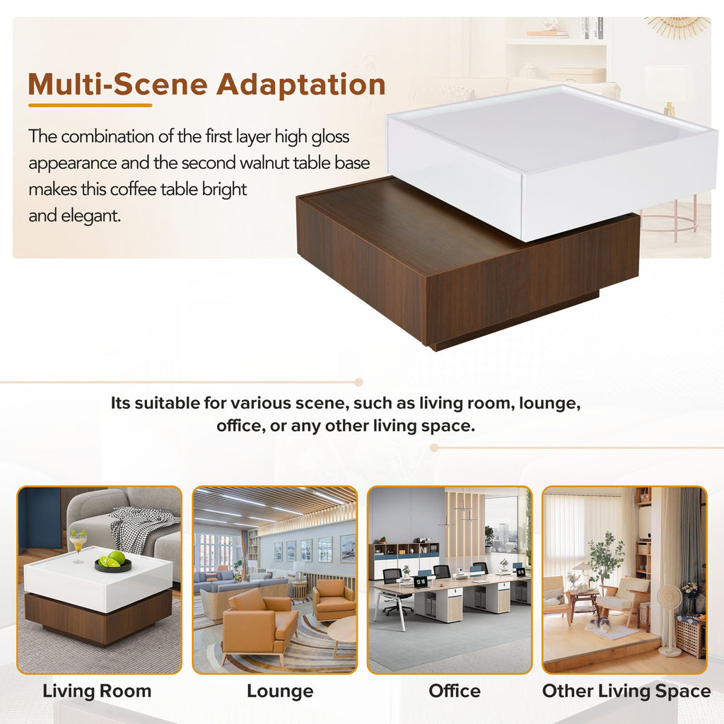 Leoglint [VIDEO provided] ON-TREND Square 360°Rotating Coffee Table with 2 Drawers, High Gloss 2-Tier Center Table with Swivel Tabletop and Storage, Walnut Table Frame Side Table for Living Room, White