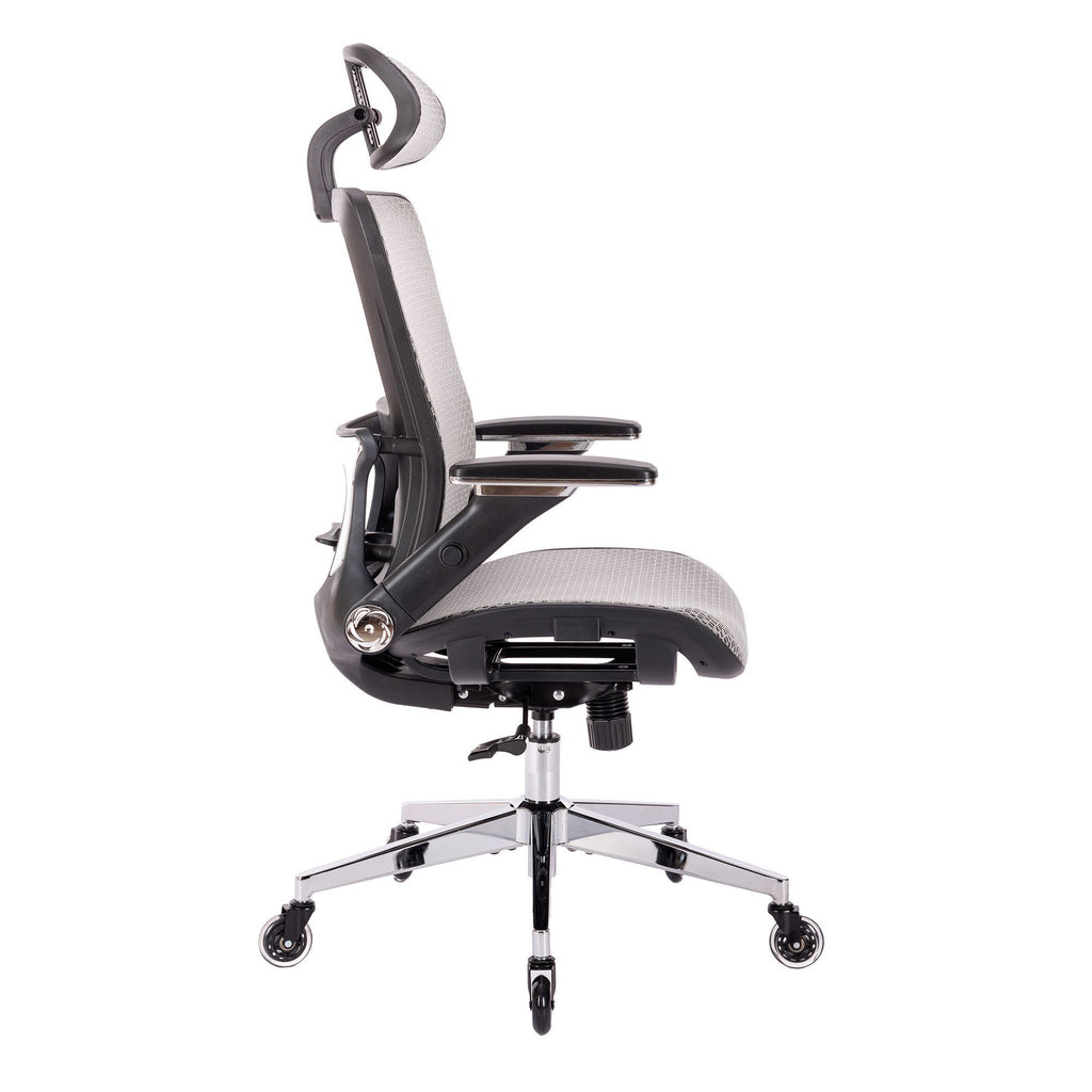 Leoglint GREY Ergonomic Mesh Office Chair, High Back - Adjustable Headrest with Flip-Up Arms, Tilt and lock Function, Lumbar Support and blade Wheels, KD chrome metal legs