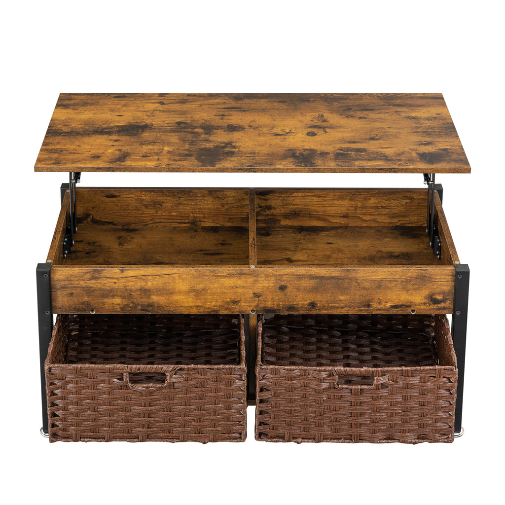 Leoglint Metal coffee table,desk,with a lifting table,and hidden storage space.There were two removable wicker baskets that could be placed in any space such as the living room,color:brown with fire wood grain